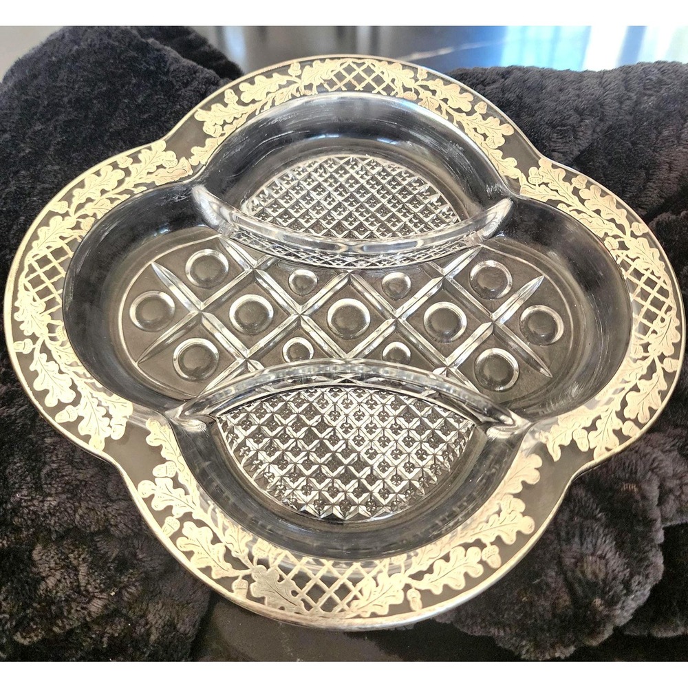 Vintage Acorn Silver Overlay Glass Divided Dish Serving Tray Clear Silver 3 Part